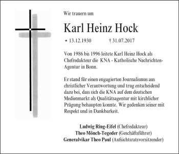 Traueranzeige von Karl Heinz Hock von  Allgemeine Zeitung Mainz