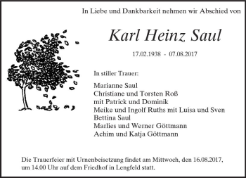 Traueranzeige von Karl Heinz Saul von  Darmstädter Echo