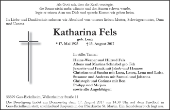 Traueranzeige von Katharina Fels von Trauerportal Rhein Main Presse