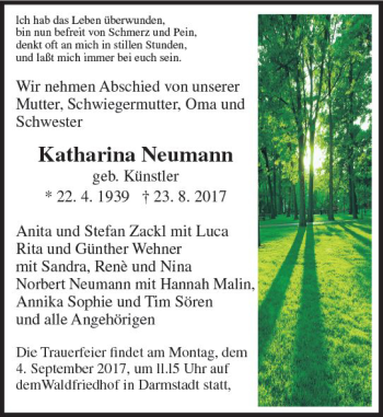 Traueranzeige von Katharina Neumann von Trauerportal Echo Online