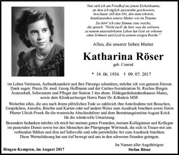 Traueranzeige von Katharina Röser von Trauerportal Rhein Main Presse
