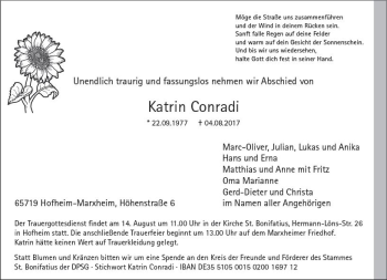 Traueranzeige von Katrin Conradi von Trauerportal Rhein Main Presse