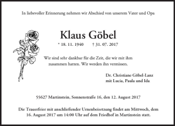 Traueranzeige von Klaus Göbel von Trauerportal Rhein Main Presse
