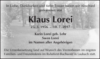 Traueranzeige von Klaus Lorei von  Kreisanzeiger