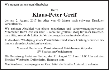 Traueranzeige von Klaus-Peter Greif von Trauerportal Rhein Main Presse