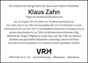 Traueranzeige von Klaus Zahn von Trauerportal Rhein Main Presse