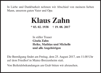 Traueranzeige von Klaus Zahn von Trauerportal Rhein Main Presse