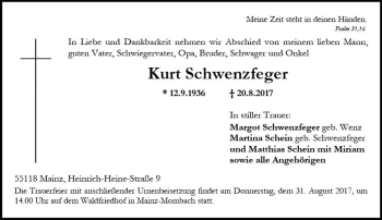 Traueranzeige von Kurt Schwenzfeger von Trauerportal Rhein Main Presse