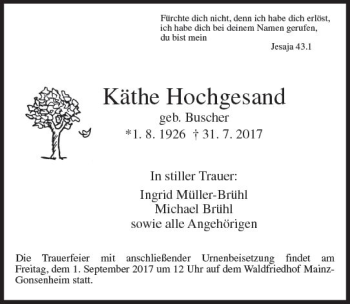 Traueranzeige von Käthe Hochgesand von Trauerportal Rhein Main Presse