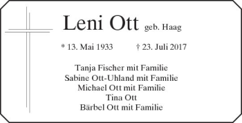 Traueranzeige von Leni Ott von Trauerportal Echo Online