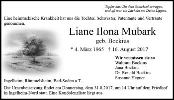 Traueranzeige von Liane Ilona Mubark von Trauerportal Rhein Main Presse