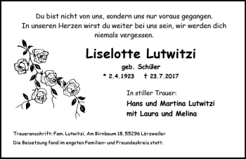 Traueranzeige von Lieselotte Lutwitzi von Trauerportal Rhein Main Presse