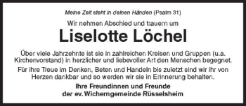 Traueranzeige von Lieselotte Löchel von Trauerportal Rhein Main Presse