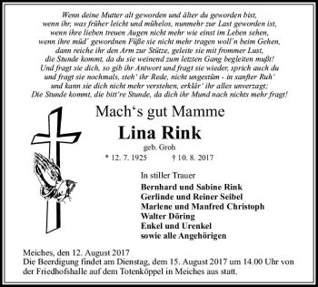 Traueranzeige von Lina Rink von VRM Trauer