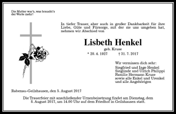 Traueranzeige von Lisbeth Henkel von  Gießener Anzeiger
