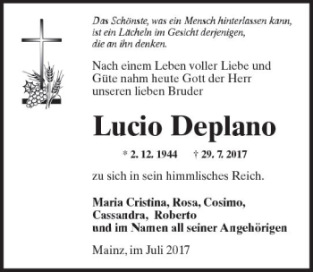 Traueranzeige von Lucio Deplano von Trauerportal Rhein Main Presse