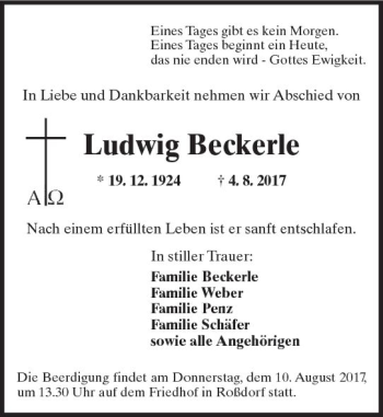 Traueranzeige von Ludwig Beckerle von Trauerportal Echo Online