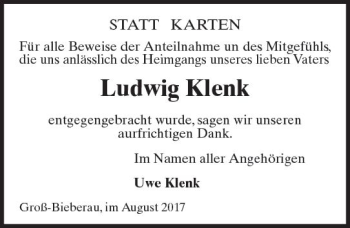 Traueranzeige von Ludwig Klenk von Trauerportal Echo Online