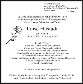Traueranzeige von Luise Hustadt von  Usinger Anzeiger