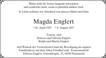 Traueranzeige von Magda Englert von Trauerportal Echo Online