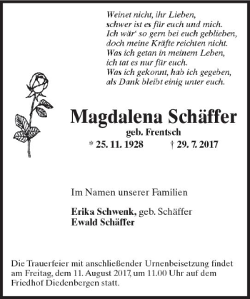 Traueranzeige von Magdalena Schäffer von Trauerportal Rhein Main Presse