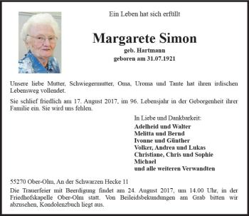 Traueranzeige von Margarete Simon von Trauerportal Rhein Main Presse