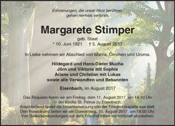 Traueranzeige von Margarete Stimper von  Camberger Anzeiger