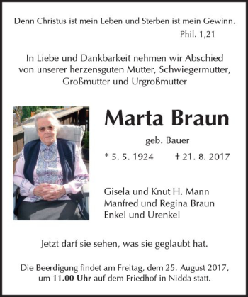 Traueranzeige von Maria Braun von  Kreisanzeiger