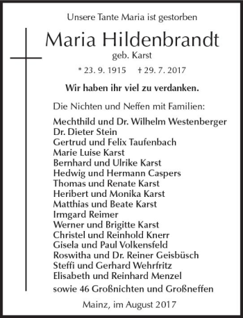 Traueranzeige von Maria Hildenbrandt von Trauerportal Rhein Main Presse