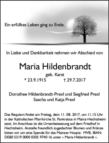 Traueranzeige von Maria Hildenbrandt von Trauerportal Rhein Main Presse