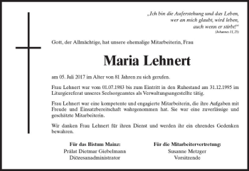 Traueranzeige von Maria Lehnert von Trauerportal Rhein Main Presse