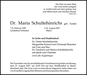 Traueranzeige von Maria Schultehinrichs von Trauerportal Rhein Main Presse