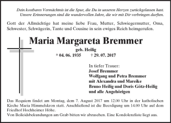 Traueranzeige von Maria Margareta Bremmer von Trauerportal Rhein Main Presse