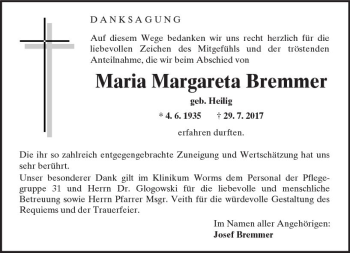 Traueranzeige von Maria Margareta Bremmer von Trauerportal Rhein Main Presse
