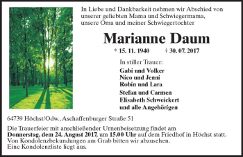 Traueranzeige von Marianne Daum von Trauerportal Echo Online