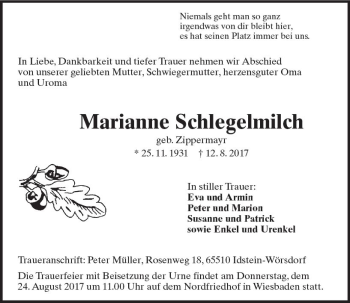 Traueranzeige von Marianne Schlegelmilch von Trauerportal Rhein Main Presse