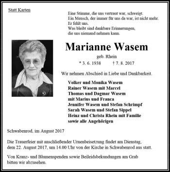 Traueranzeige von Marianne Wasem von VRM Trauer