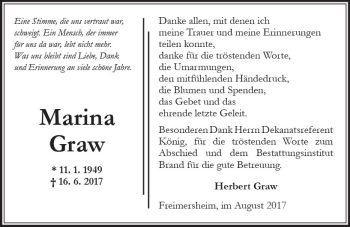 Traueranzeige von Marina Graw von Trauerportal Rhein Main Presse