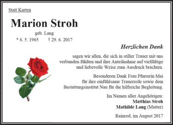 Traueranzeige von Marion Stroh von VRM Trauer