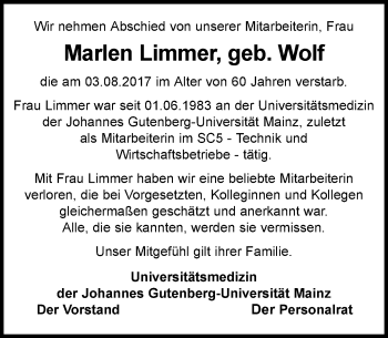 Traueranzeige von Marlen Limmer von Trauerportal Rhein Main Presse
