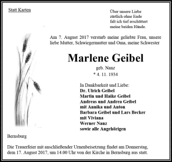 Traueranzeige von Marlene Geibel von VRM Trauer