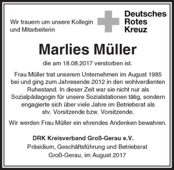 Traueranzeige von Marlies Müller von Trauerportal Echo Online