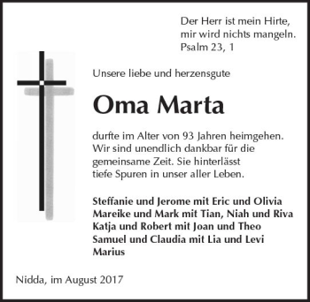 Traueranzeige von Marta  von  Kreisanzeiger