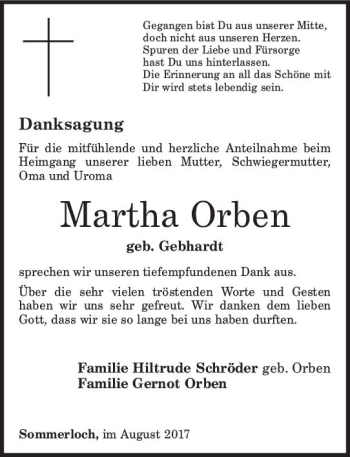 Traueranzeige von Martha Orben von Trauerportal Rhein Main Presse