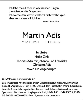 Traueranzeige von Martin Adis von Trauerportal Rhein Main Presse