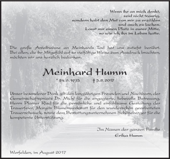 Traueranzeige von Meinhard Humm von Trauerportal Echo Online