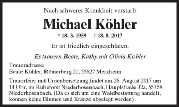 Traueranzeige von Michael Köhler von Trauerportal Rhein Main Presse