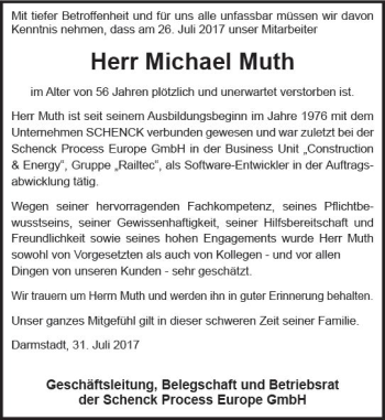Traueranzeige von Michael Muth von Trauerportal Echo Online