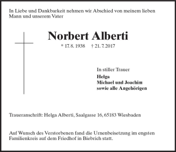 Traueranzeige von Norbert Alberti von Trauerportal Rhein Main Presse