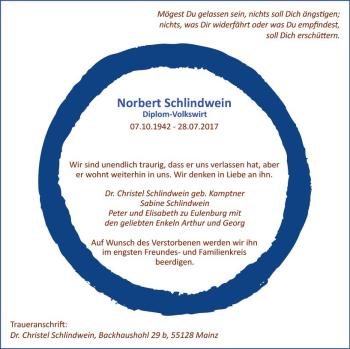 Traueranzeige von Norbert Schlindwein von Trauerportal Rhein Main Presse
